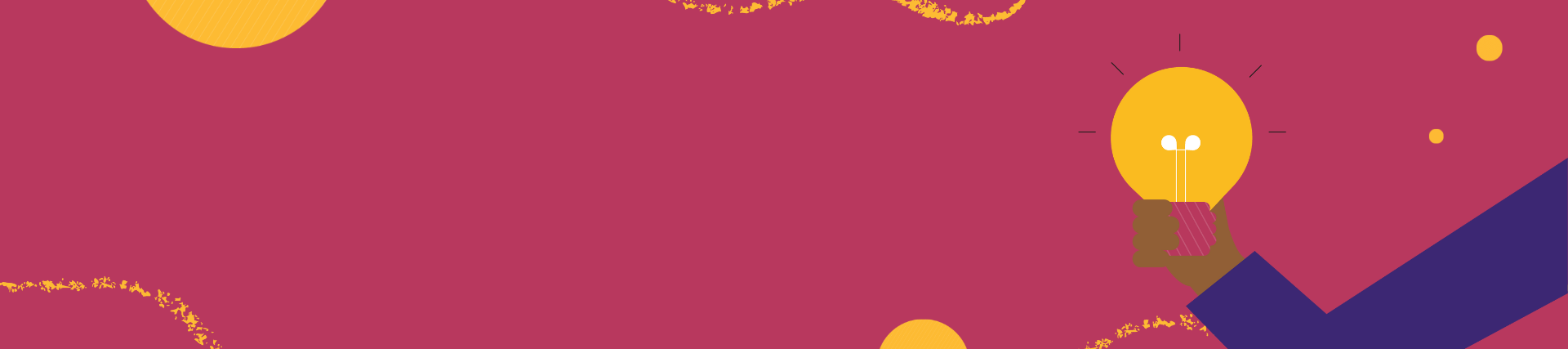 Pink banner with yellow curcles and a hand holding a light bulb