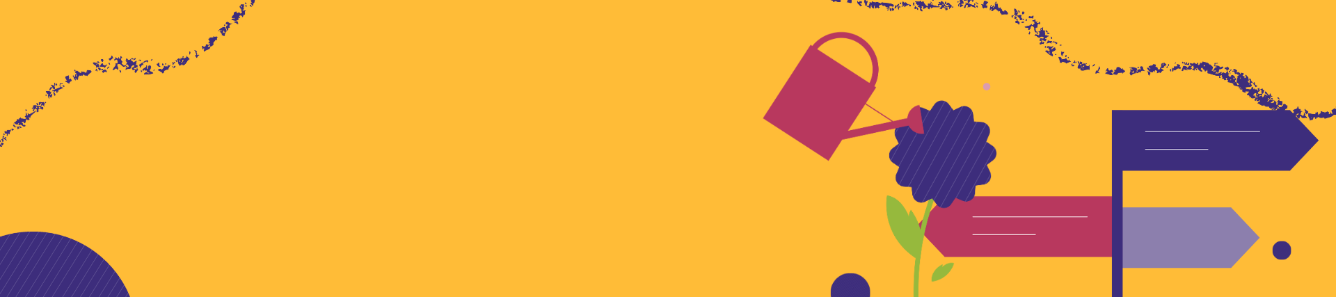 Yellow header with purple circles, pink and purple sign post and a pink watering can and purple flower