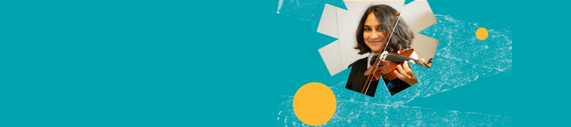 Teal banner with an image of a girl playing violin.