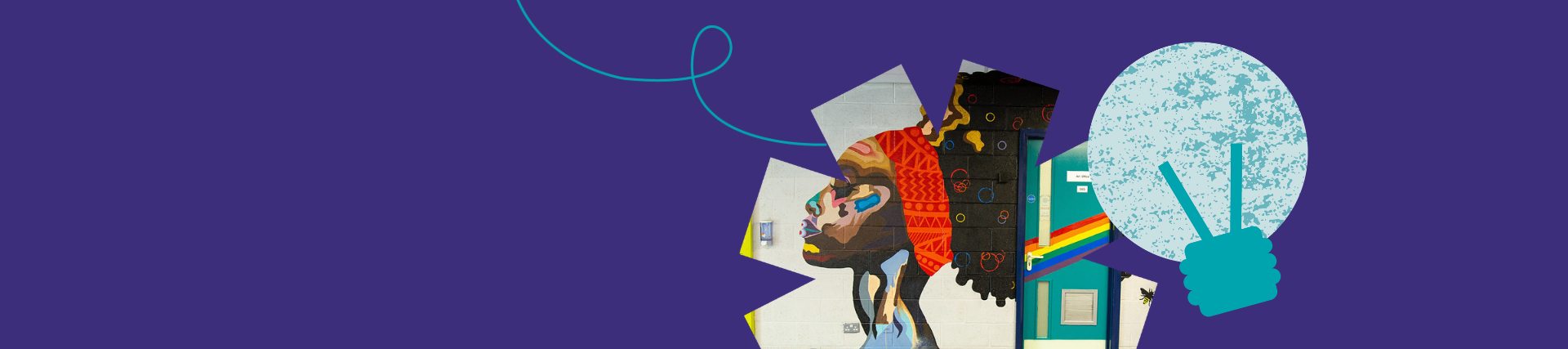 A purple banner with an image of a wall mural of a colourful woman