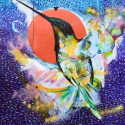 Student art work of a bright bird painted onto an exterior wall