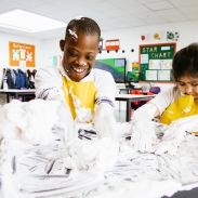 Pupils playing with foam in an art class 