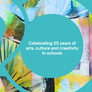 Turquoise coloured Artsmark 20 graphic with art work behind 
