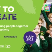 A card promoting Day to Create on 6 July 2022 with an image on the right of a group of young pupils looking happy 