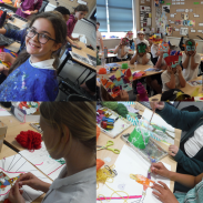 Four images of children smiling and painting