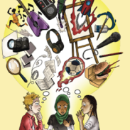 A graphic image of people sitting at a desk with lots of images of ideas above them