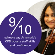 In a purple circle are the words 9 out of 10 schools say Artsmark’s CPD boosts staff skills and confidence. To the right is an image of a girl looking at the camera holding a violin.