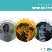 Three circles in the centre of a page, each one has a photo of a young person doing something creative.