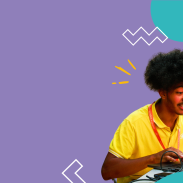 A purple banner with an image of a young person using a computer