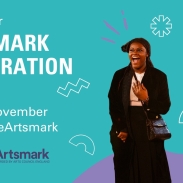 A turquoise card with an image of two people performing on the right.