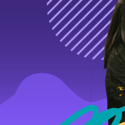 Three children wearing black aprons over white shirts are engaged in a hands-on activity at a table. The background features a purple gradient with abstract shapes and lines.