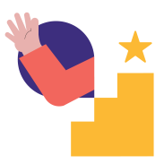 A stylized illustration of an arm with a hand raised, positioned next to a yellow staircase with a star at the top. The arm is colored in red and purple, and the hand is light pink.