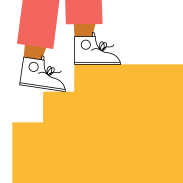 A pair of legs wearing pink trousers and tennis shoes walking up three steps.