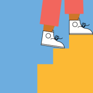 A pair of legs wearing red pants and white sneakers with black laces, stepping down from a blue platform onto an orange staircase. The background is blue.