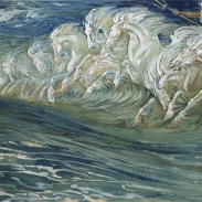 Painting of white horses galloping through ocean waves, with their manes and tails blending into the swirling blue and green water, creating a surreal and powerful seascape.
